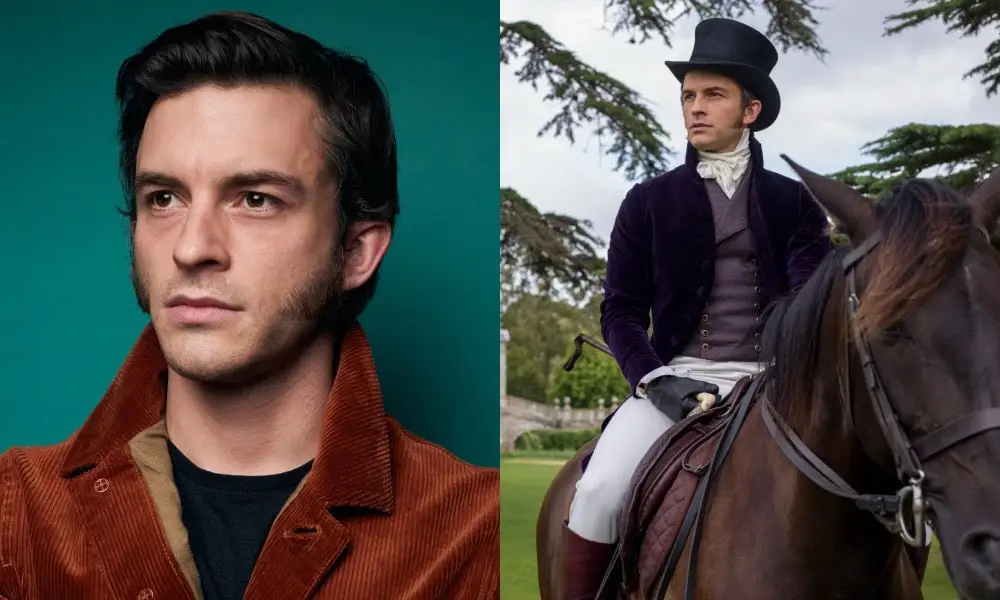 Jonathan Bailey smouldering in a rust-coloured jacket against a green backdrop / Jonathan on a horse in period gear in Bridgerton