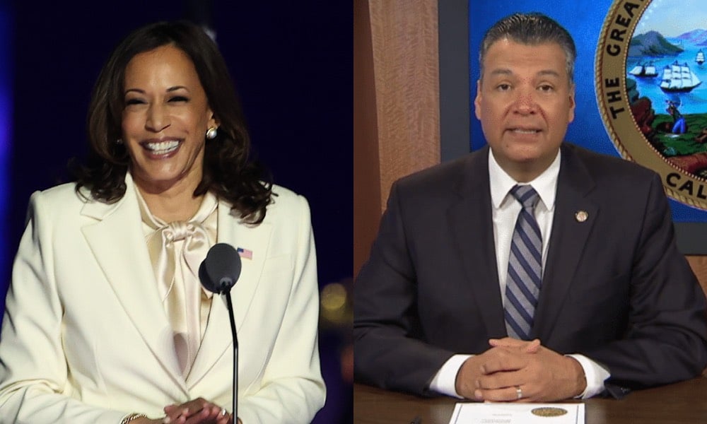 Kamala Harris at a podium in a white suit and pussy bow blouse / Alex Padilla sitting behind a desk in a suit