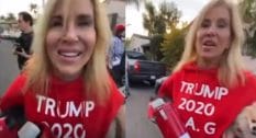An anti-lockdown protester wearing a 'Trump 2020' shirt was filmed spewing homophobic slurs at a rally in Los Angeles.
