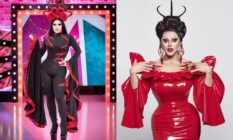 Cherry Valentine in the Werk Room in a black bodysuit with flared sleeves trimmed in red and a headpiece made up of red hears / Cherry in a red latex dress with devilish horns
