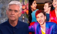 Phillip Schofield on This Morning, looking unimpressed / It's a Sin screen grab showing three young men and a woman laughing in the back of a cab