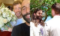 Jonathan Van Ness and Mark Peacock take a selfie in front of a bouquet of flowers (L) and wear white suits while looking into one another's eyes