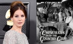 Lana Del Rey and her new Chemtrails album cover showing her at a gingham-covered table with friends
