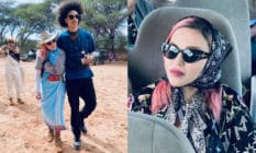 (L) Madonna walks with Ahlamalik Williams, his arm over her shoulder. (R) Madonna wearing sunglasses and a black bandanna sat in a bus