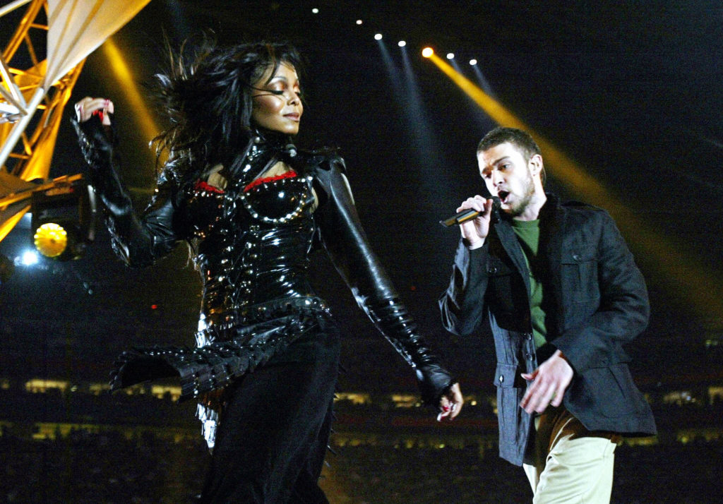 Janet Jackson and Justin Timberlake perform at half-time at Super Bowl XXXVIII at Reliant Stadium