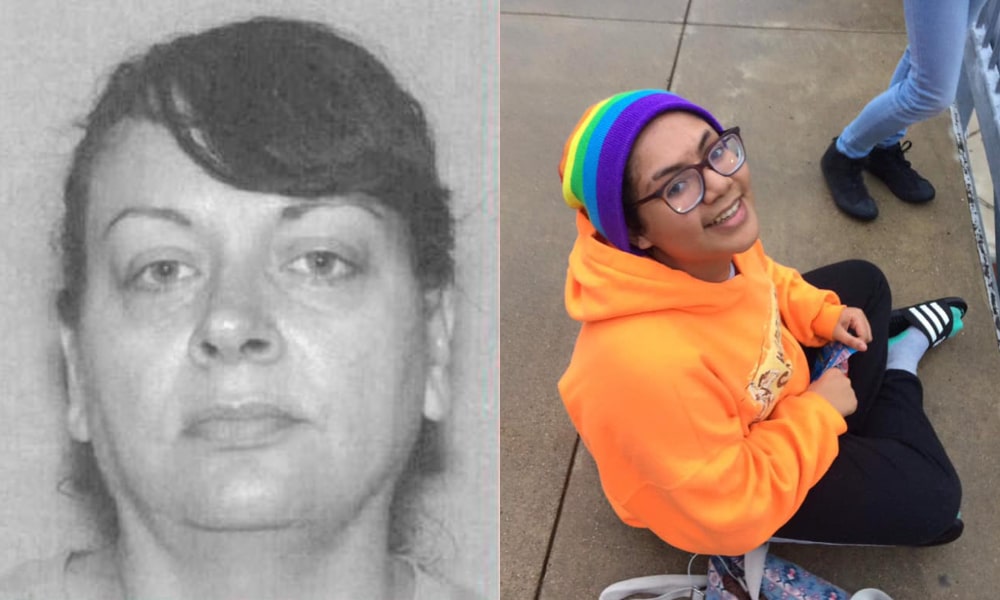 Grey-scale mugshot of Krisinda Bright. Jeffrey Bright, with a rainbow beanie and orange hoodie, sits on the pavement