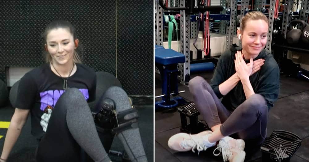 Tegan Nox and Brie Larson working out together through a video conference software