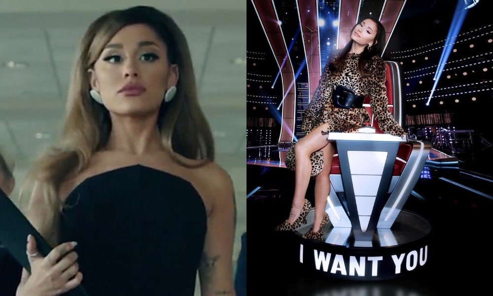 Ariana Grande walking holding a black folder / Ariana on a The Voice chair