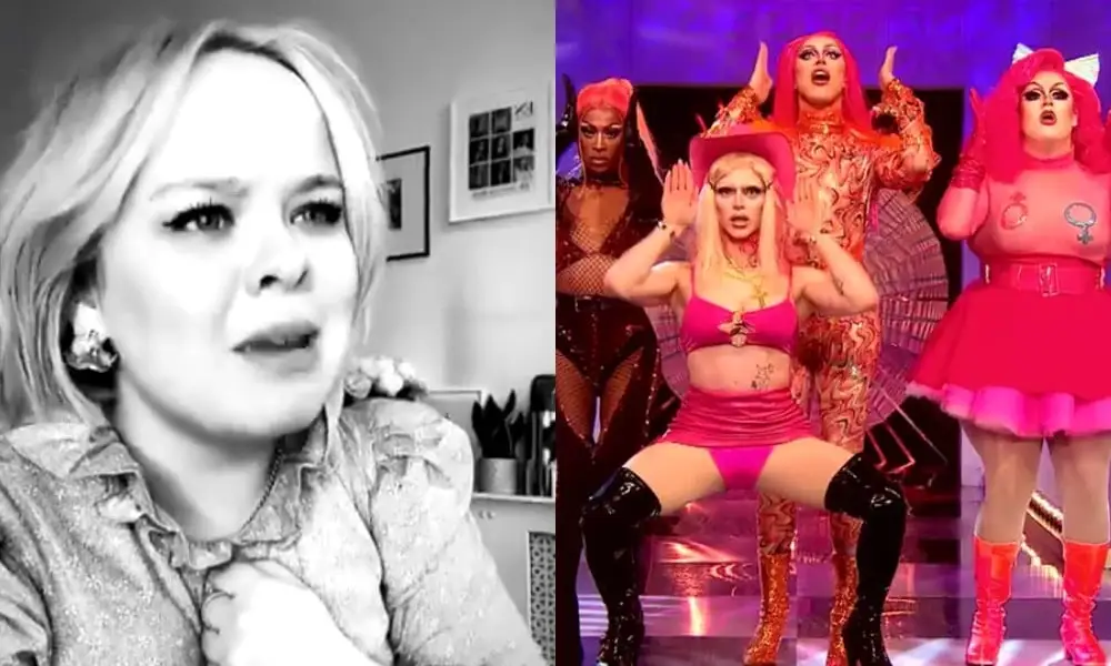 Nicola Coughlan in black and white with a serious face, 4 Drag Race queens performing