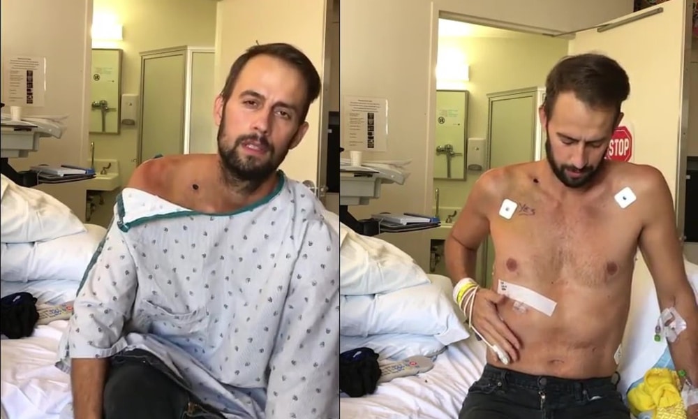 On the left: Ryan Fischer sits upright on a hospital bed. On the right: Ryan Fischer, shirtless, sits upright on a hospital bed