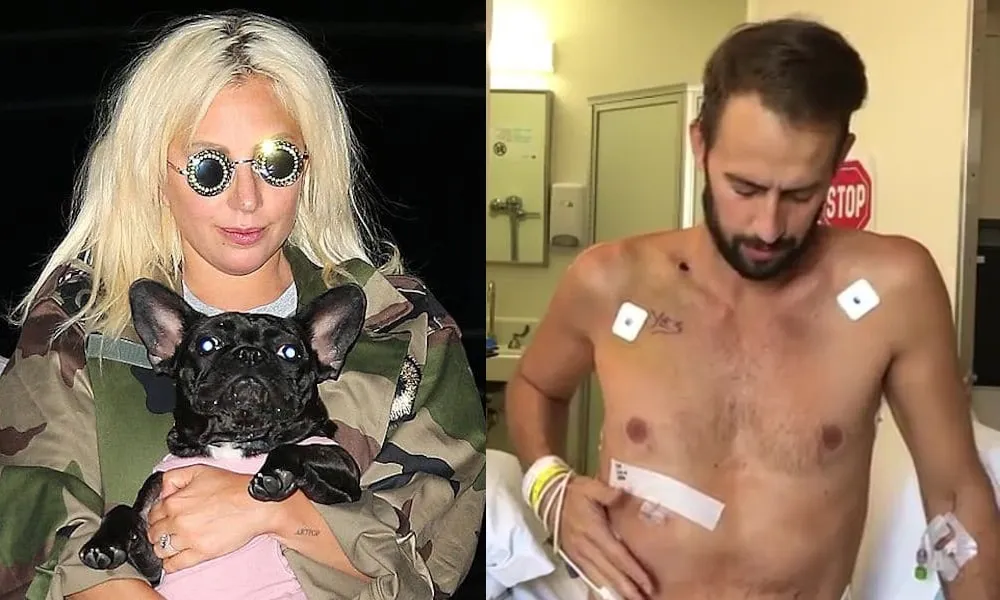 On the left: Lady Gaga in a camouflage jacket holding a French bulldog. On the right: Ryan Fischer, shirtless, sits upright on a hospital bed