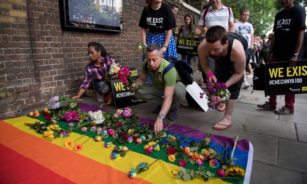 Demonstrators LGBT Chechnya Russian Embassy London
