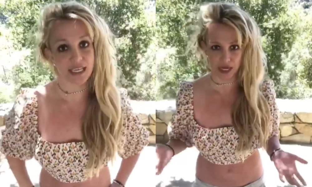 Side-by-side of Britney Spears speaking to the camera in a crop top