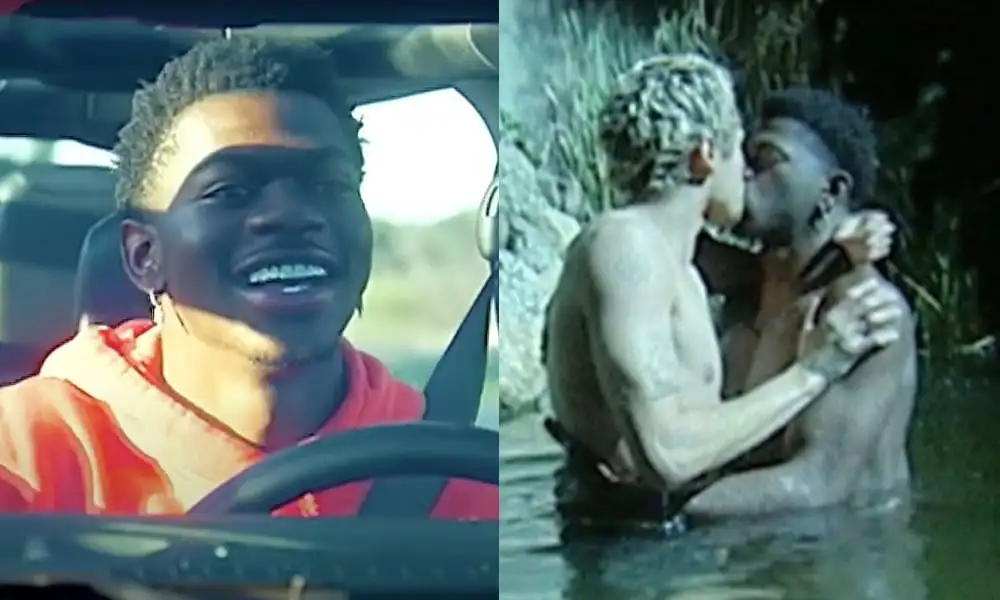 On the left: Lil Nas X smiles as he drives a car. On the right: Dominic Fike and Lil Nas X, shirtless, share a kiss while half-submerged in a river