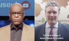 On the left: Jesus House senior pastor Agu Irukwu speaks to the camera in a tan suit. On the right: Keir Starmer speaks to the camera, saying: 'I'm here today at Jesus House in London'