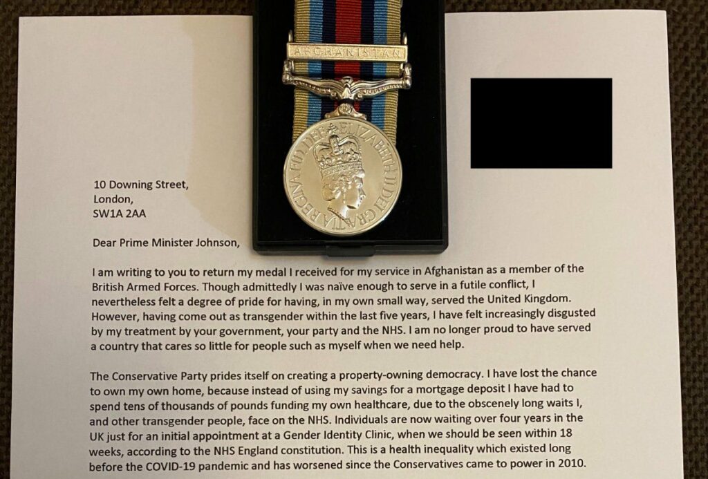 Trans veteran returns Afghanistan war medal to Boris Johnson in 'disgust'