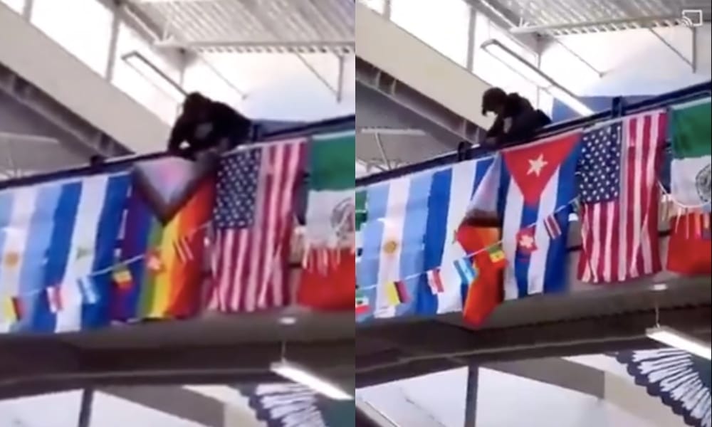 Side-by-side of photographs of a student at Ridgeline High School cutting down an LGBT+ flag