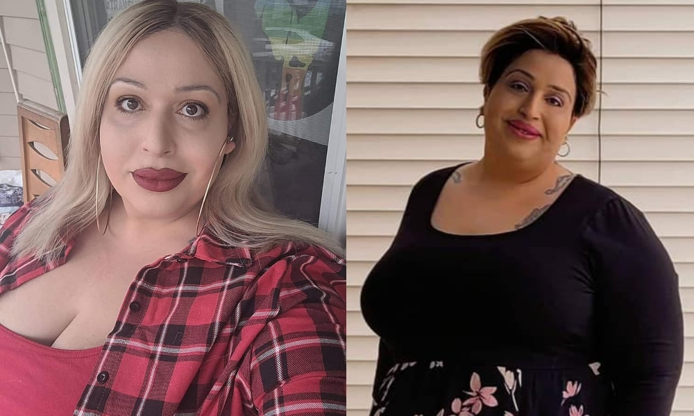 On the left: Jahaira DeAlto Balenciaga with blonde hair looks at the camera in a red plaid shirt and hoop earrings. On the right: Jahaira DeAlto Balenciaga stands in a black floral dress against some blinds