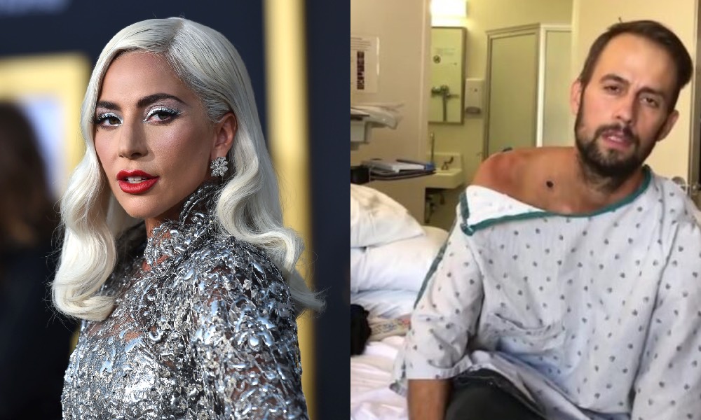 On the left: Headshot of Lady Gaga. On the left: Ryan Fischer sits upright on a hospital bed.
