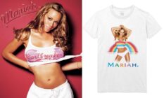 Mariah Carey on the cover of her Heartbreaker single wearing a white cropped tank-top (which is now available to purchase) with a broken heart and the word 'Heartbreaker' / A white t-shirt with Mariah Carey's Rainbow artwork on, showing her in another white tank and white pants, with a rainbow extending from the tank to the background