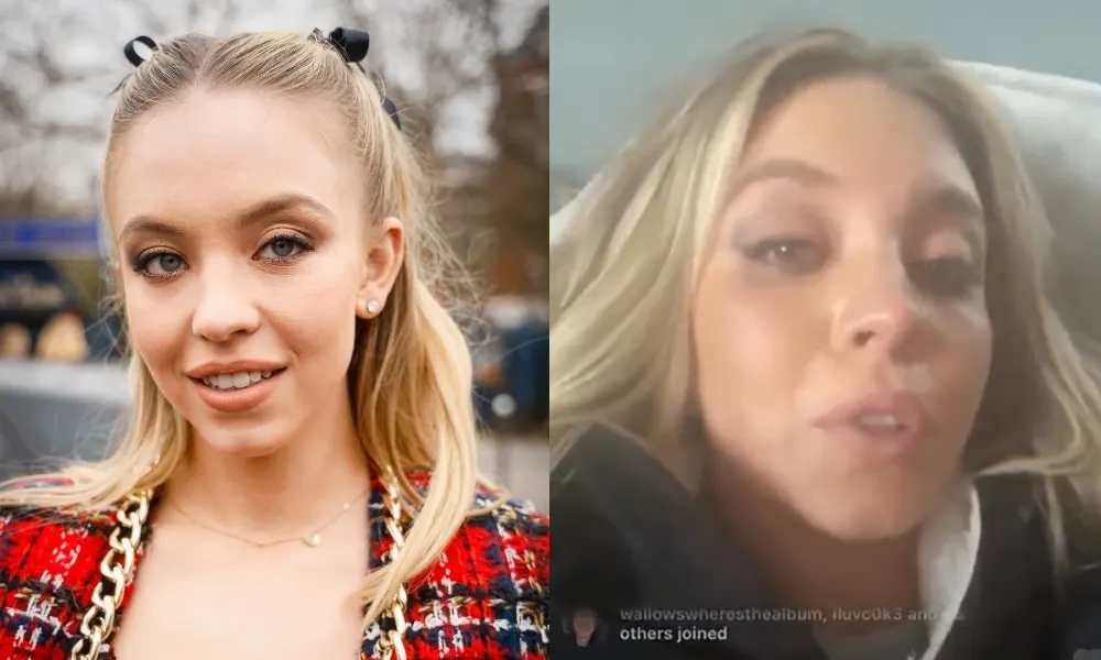 On the left: Euphoria star Sydney Sweeney wearing Balmain red tweed jacket. On the right: Sydney Sweeney cries to the camera while sat in a chair