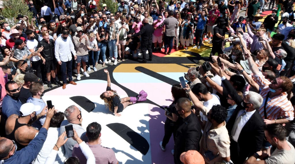 Lady Gaga poses on the 'Born This Way Day' painted crosswalk on Robertson Boulevard