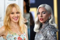 On the left: Kylie Minogue smiles in a floral dress. On the right: Lady Gaga looks to her left in a metallic dress