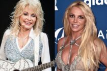Dolly Parton performing with a guitar on-stage and Britney Spears posing at the GLAAD Awards