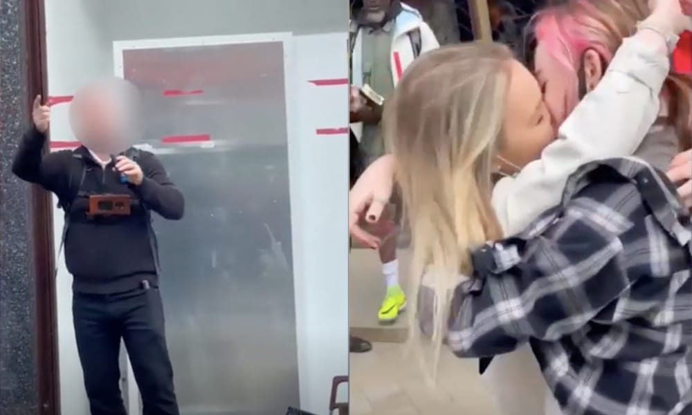 On the left: A blurred out street preacher in front of a shuttered shop. On the right: Two women sharing a kiss