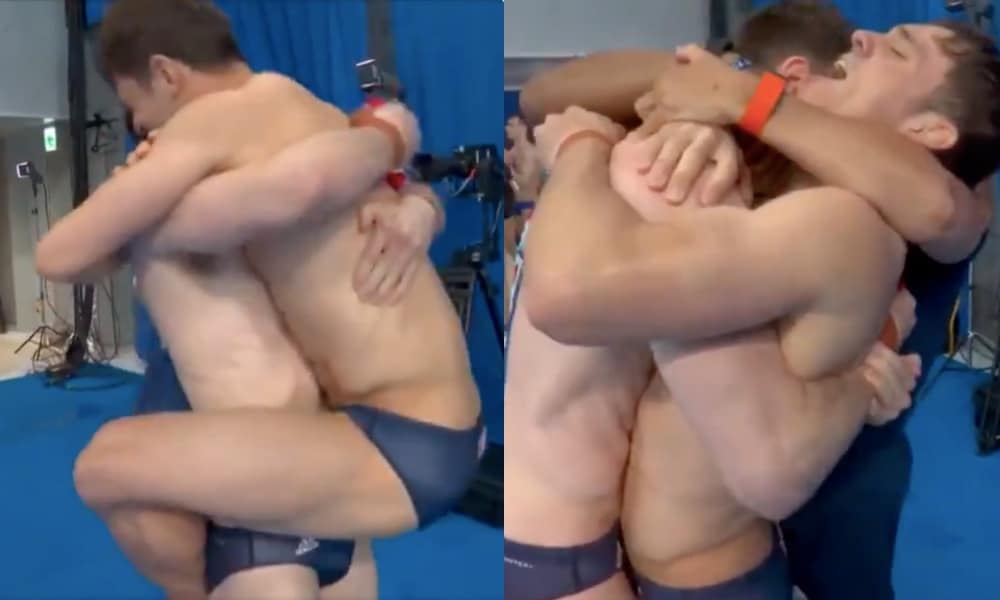 Tom Daley and Matty Lee, both shirtless and wearing trunks, embrace