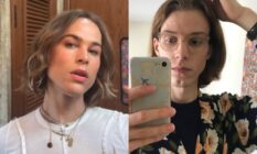 On the left: Tommy Dorfman poses in a white top. On the right: Filip Kaleta takes a selfie with a mobil phone in a patterned top
