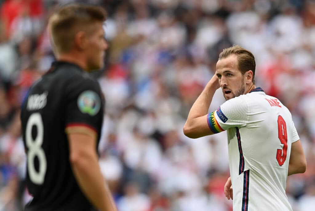 England's Harry Kane of England looks on wearing a rainbow captains armband during the UEFA Euro 2020 Championship