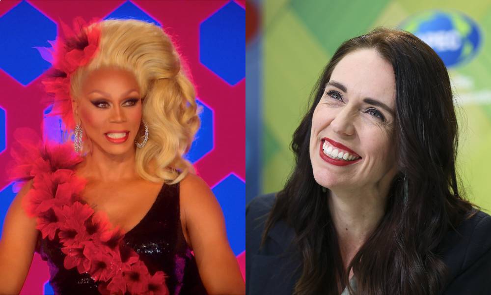 Side by side of Drag Race host RuPaul and New Zealand prime minister Jacinda Ardern
