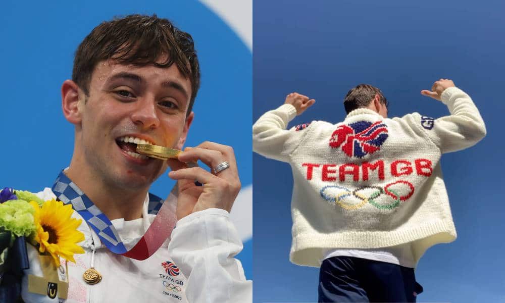 side by side photos of Tom Daley one with his gold medal and another with his hand-knitted cardigan