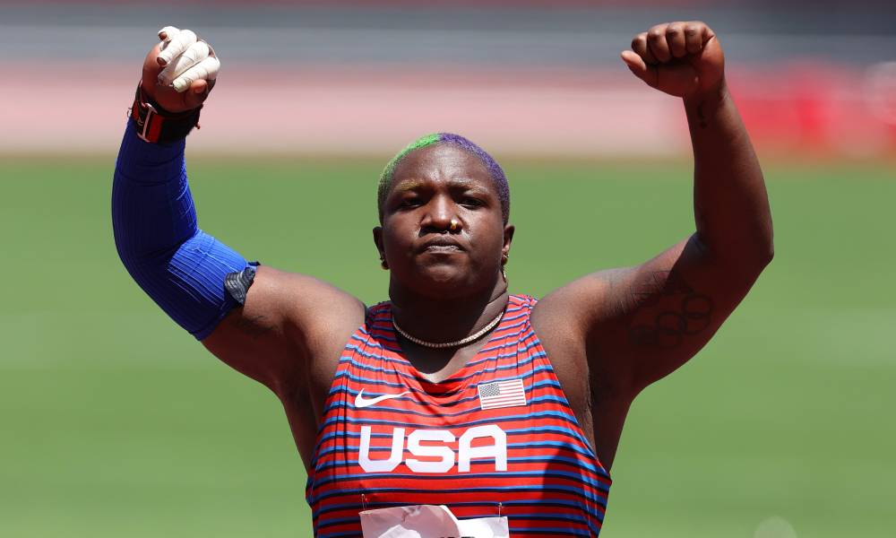 Raven Saunders of Team USA reacts after winning the silver medal at the Tokyo 2020 Olympic Games