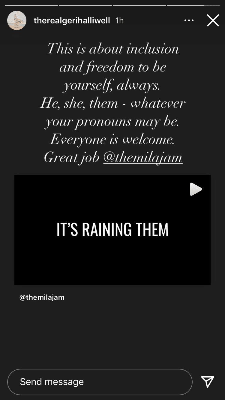 Geri Halliwell endorsed Mila Jam's remake of 'It's Raining Men' on Instagram.