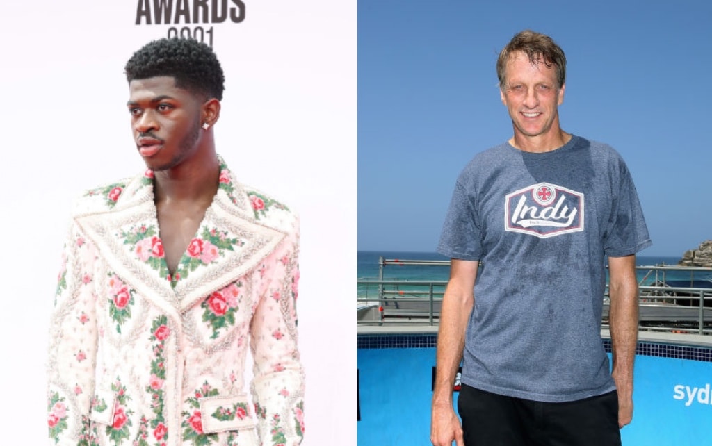 Lil Nas X posing on the red carpet and Tony Hawk posing for a photo
