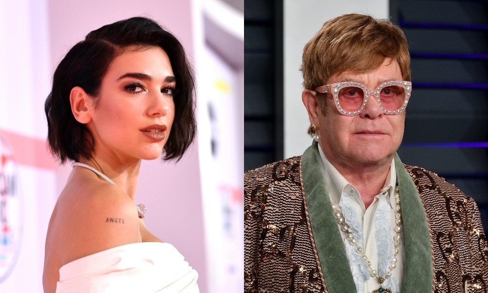 On the left: Dua Lipa on the recd carpet turning to the side. On the right: Elton John on the red carpet in a bedazzled blazer