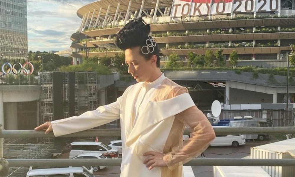 Johnny Weir outside the Tokyo Olympic stadium