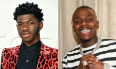 On the left: Headshot of Lil Nas X in a red blazer. On the right: DaBaby in a Breton stripe tee.