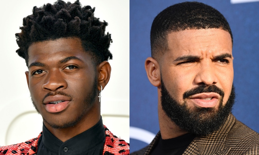 On the left: Headshot of Lil Nas X. On the right: Headshot of Drake looking confused