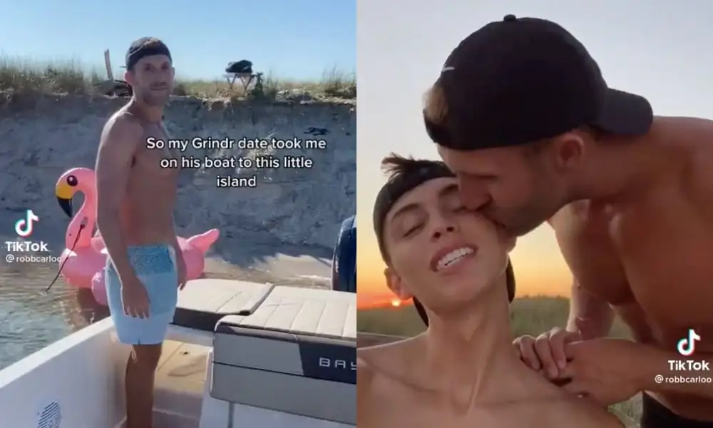 On the left: A shirtless man stands on a boat. On the right: A couple both shirtless kiss