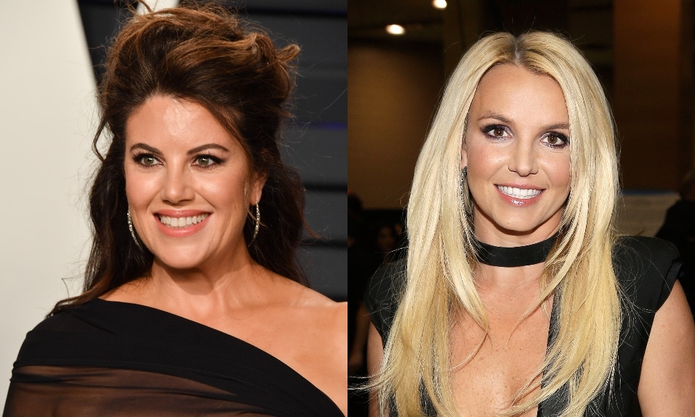 On the left: Monica Lewinsky in a black dress. On the right: Britney Spears in a black dress.
