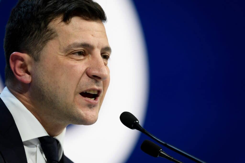 Volodymyr Zelensky, president of Ukraine, gives a speech at the World Economic Forum