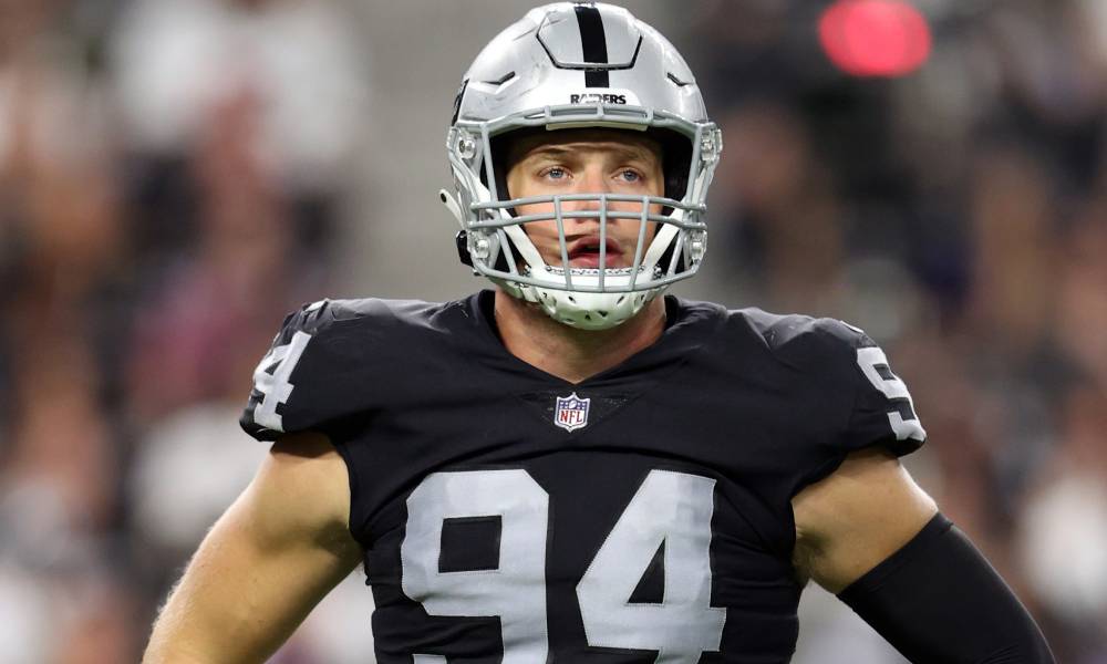 Carl Nassib #94 of the Las Vegas Raiders looks on during the game against the Baltimore Ravens