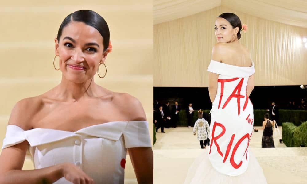 Alexandria Ocasio-Cortez departs the 2021 Met Gala in a gorgeous white gown with the words 'tax the rich' written on the back in red