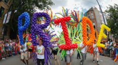 Revellers hold a Chicago Pride balloon display