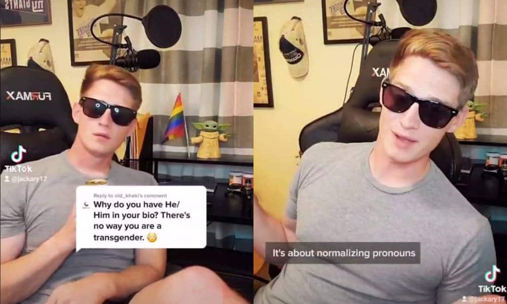 Jackary, also known as @jackary17 or the 'CEO of aggressive allies' on TikTok, appears in a video with sunglasses, a can of Miller Lite and a grey shirt to explain why pronouns are important
