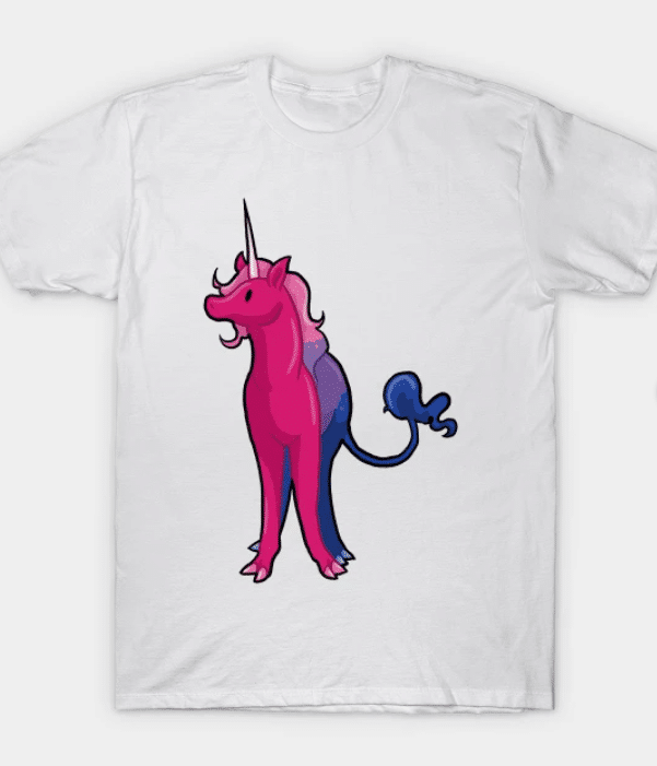 A t-shirt featuring a unicorn in the bi flag colours. 