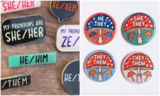 Pins showing preferred pronouns including he/she/xe and ze